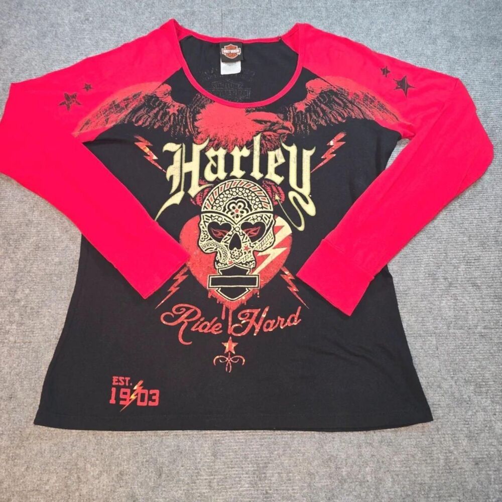 Harley-Davidson Women’s XL Ride Hard Live Free Sugar Skull Long Sleeve Shirt 201